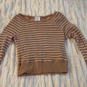 Brown and White Striped waffle knit crop top long sleeve